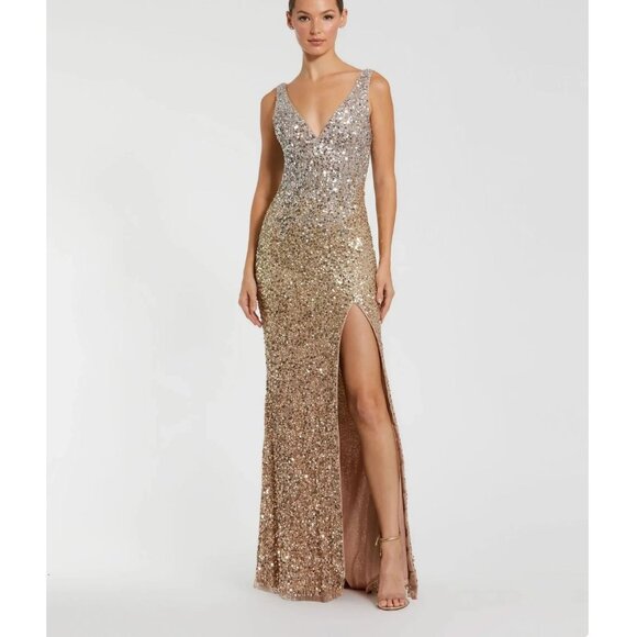 Mac Duggal Shimmering Gold Sequin Slit Gown #1068 NWT - Size 0 - Picture 2 of 12